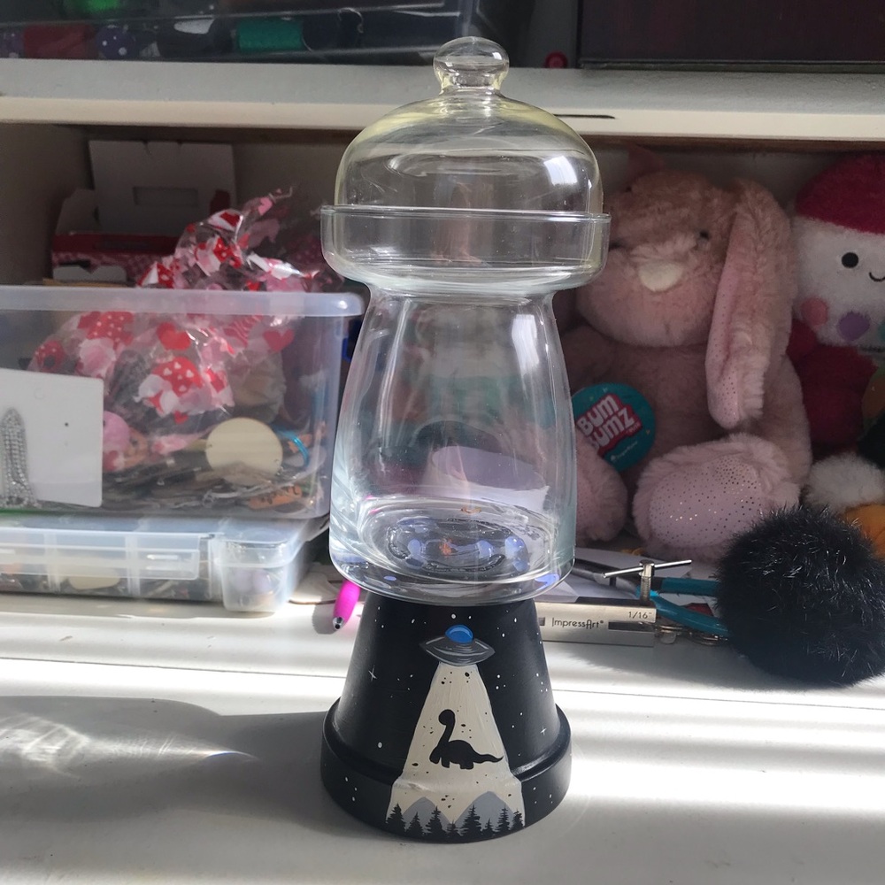 Glass Candy Jar with Black UFO Dino Base - Home Accents